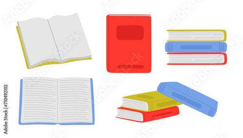 Set of books from different angles, open, closed and stack of books isolated on white background. Collection of various books school textbooks, dictionaries, encyclopedias, literature. Flat vector