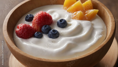 A homemade youghurt in a bowl with many berries on it 