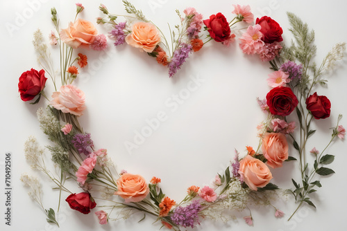 Heart frame created from colorful flowers on white background, romantic and floral background