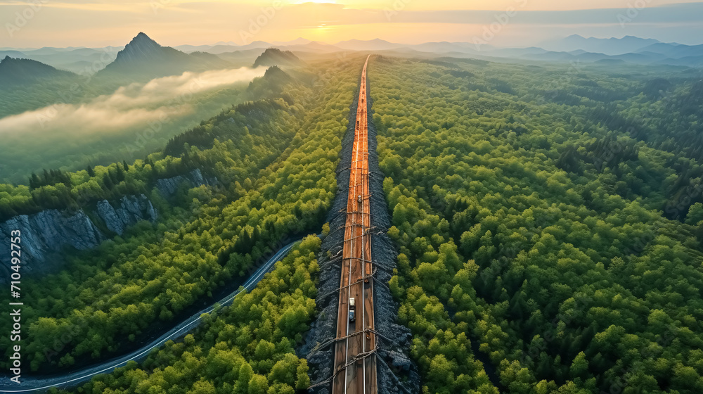 Aerial view of highway in the middle of green forest at sunset. 