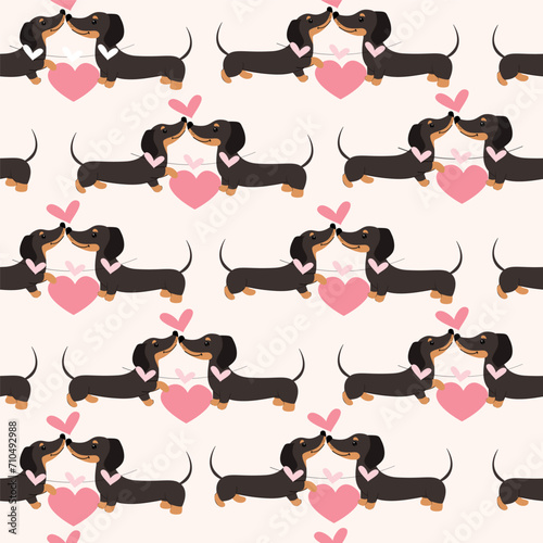 Cute dachshund dogs and hearts seamless pattern background. Valentines day concept. Vector cartoon doodle illustration