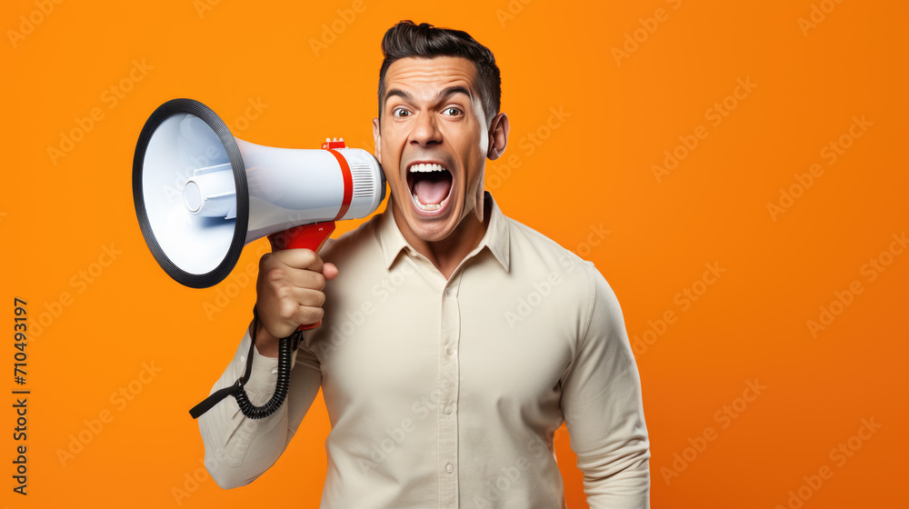 Man is shouting into a megaphone Man is shouting into a megaphone