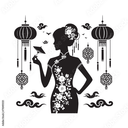 Celestial Harmony Embodied: Exquisite Traditional Chinese Dress Silhouette Portraits Perfect for Stock Enthusiasts - Chinese New Year Silhouette - Chinese Dress Vector Stock
