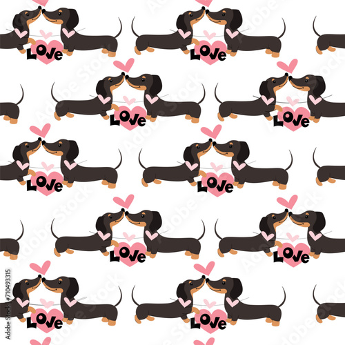 Photography Dachshund dogs  and hearts seamless pattern on a white background