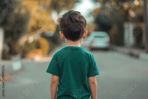 Little Boy In Green Tshirt On The Street, Back View, Mock Up