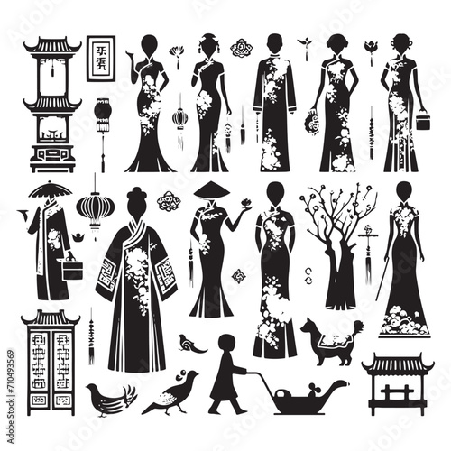 Timeless Elegance: Traditional Chinese Dress (Qipao or Cheongsam) Silhouette Stock for Cultural Enthusiasts - Chinese New Year Silhouette - Chinese Dress Vector Stock
