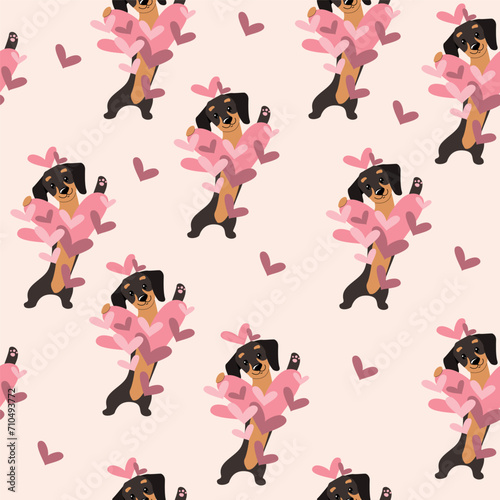 Love dachshund dogs and hearts seamless pattern background. Valentines day concept. Vector cartoon doodle illustration