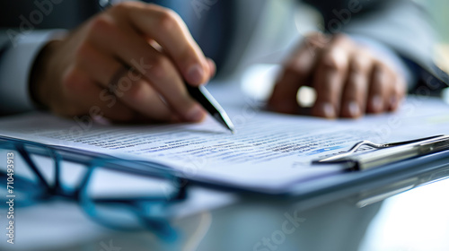Close-up view of a person's hand holding a pen over a pile of paperwork, indicating they are working, signing documents, or reviewing files.