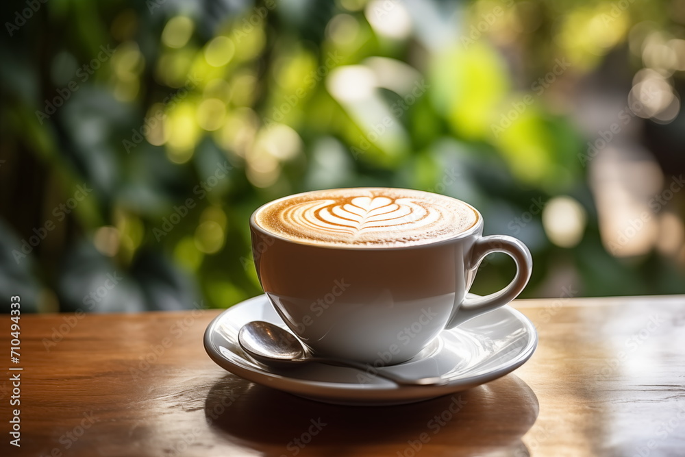 Close up shot of latte art in white cup,Garden background, Cappuccino art, Leaf and Heart, Generated AI Close up shot of latte art in white cup,Garden background, Cappuccino art, Leaf and Heart, Generated AI
