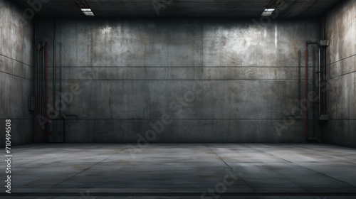 Minimalist Industrial Interior with Metal Wall and Floor. Minimalist industrial interior space featuring a large, imposing metal wall with textures and a concrete floor, exuding a cool, modern vibe.