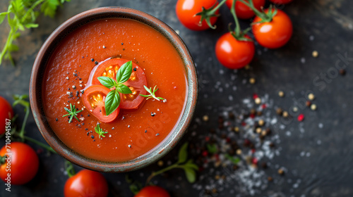 Italian creamy tomato and basil soup in a bowl. Dark background. Close up. Top view banner with space for text. 
