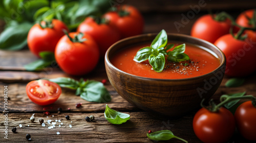 Italian creamy tomato and basil soup in a bowl. Dark background. Close up. Side view banner with space for text. 