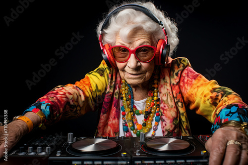 Dj person girl guy on stage turning on best music beat headphones turntable equipment Generative AI photo