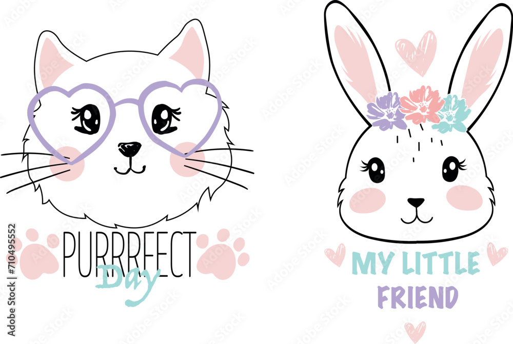 Set of greeting cards with cute cat and bunny. Vector illustration. perfect day little friend concept design with bunny cat, design for fashion graphics, t shirt prints, posters, wall arts, stickers Set of greeting cards with cute cat and bunny. Vector illustration. perfect day little friend concept design with bunny cat, design for fashion graphics, t shirt prints, posters, wall arts, stickers