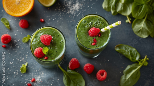 Healthy green smoothie with spinach and raspberry  in a glass against a wood background. Banner with copy space  promoting a nutritious and refreshing beverage.