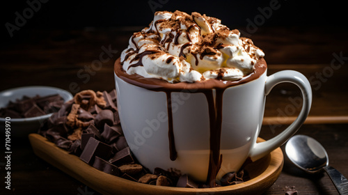 Mug of hot chocolate steams invitingly topped