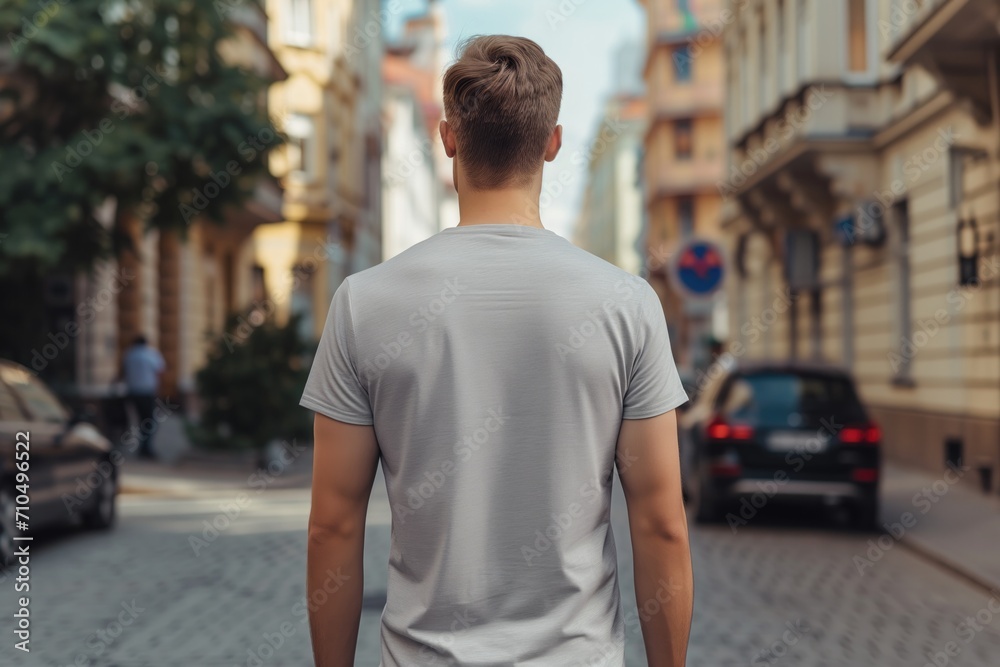 Man In Light Gray Tshirt On The Street, Back View, Mock Up Man In Light Gray Tshirt On The Street, Back View, Mock Up