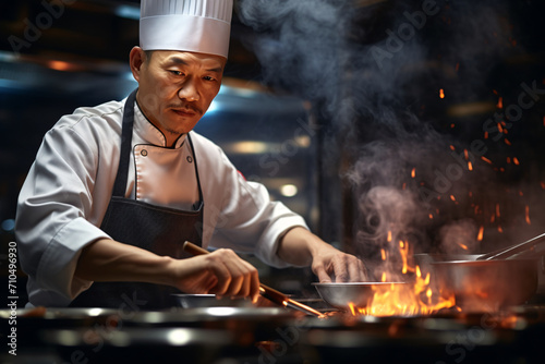 Asian chef cooking in a modern restaurant kitchen