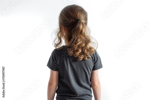 The Little Girl In Dark Gray Tshirt On White Background, Back View, Mock Up