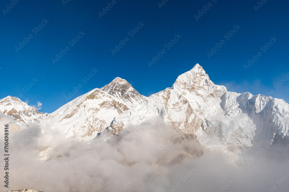 View of Mount Everest, Lhotse, Nuptse, Changtse at sunset from Kala Pattar during Everest Base Camp trekking in Nepal. Highest mountain in the world.