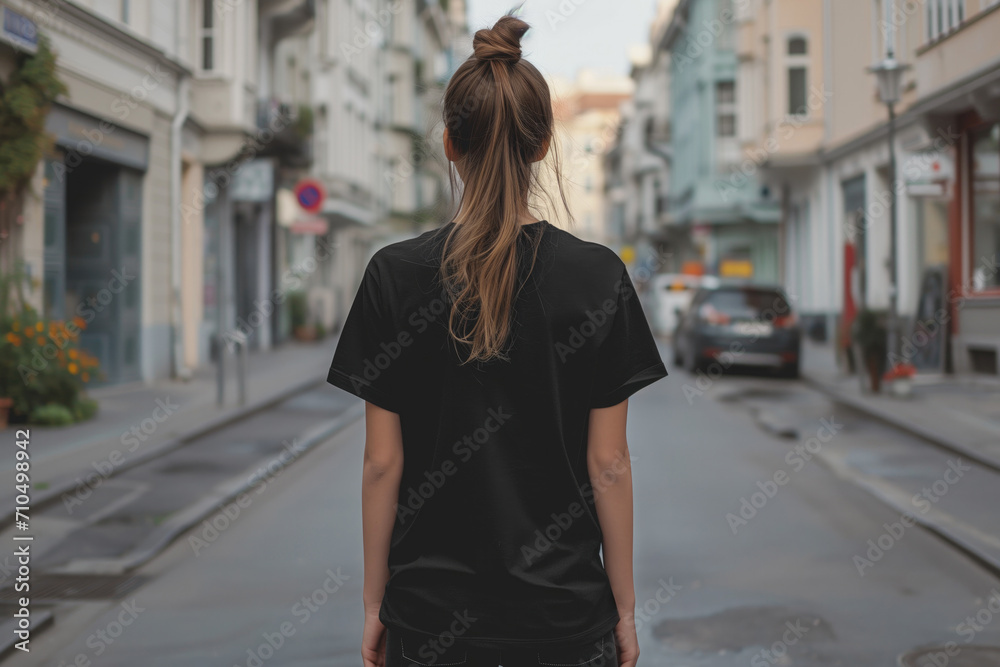 Woman In Black Tshirt On The Street, Back View, Mock Up
