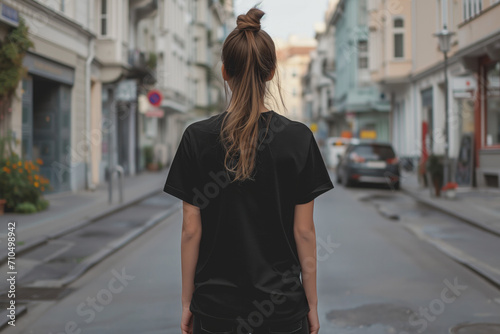 Woman In Black Tshirt On The Street, Back View, Mock Up