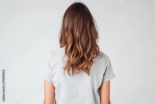 Woman In Light Gray Tshirt On White Background, Back View, Mock Up