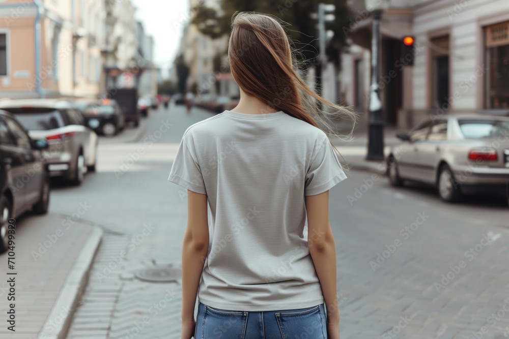 Mock Up Of A Woman In A Silver T-Shirt Seen From Behind On The Street