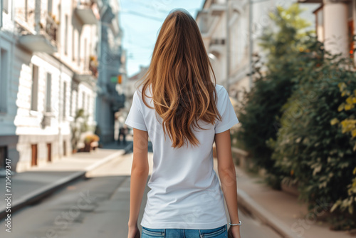 Woman In White Tshirt On The Street, Back View, Mock Up