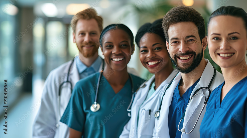 Diverse group of medical professionals, with a doctor in a white lab coat and stethoscope at the forefront, smiling at the camera. Diverse group of medical professionals, with a doctor in a white lab coat and stethoscope at the forefront, smiling at the camera.
