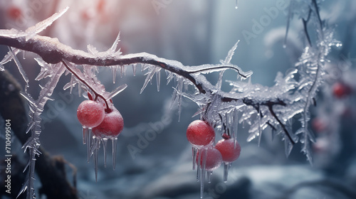 - 1 frozen icicles with rowan berries, generative ai