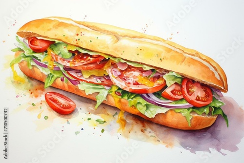 Watercolor sub sandwich. Generative AI