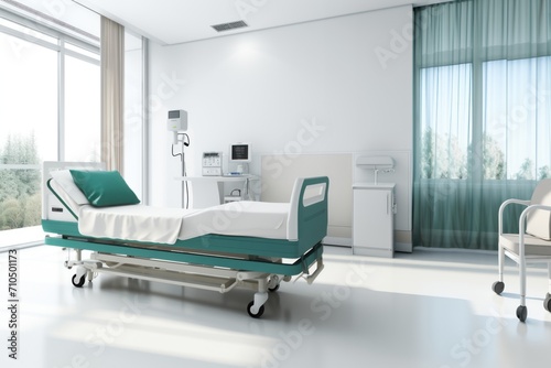 hospital interior in recovery or inpatient room with bed and ventilator machine