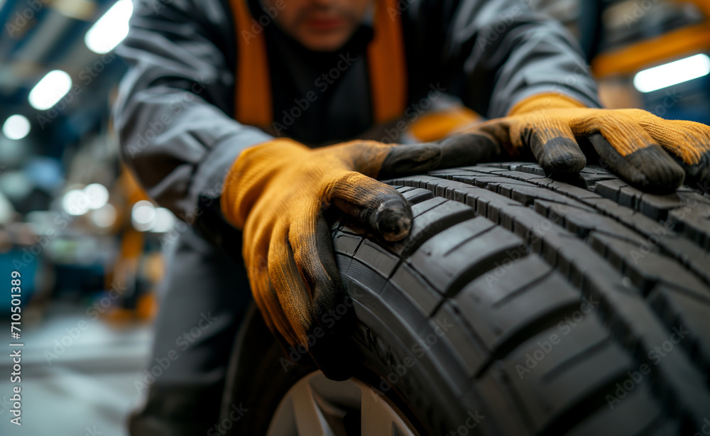 Tire at repairing service garage background. Technician man replacing winter and summer tire for safety road trip. Tire at repairing service garage background. Technician man replacing winter and summer tire for safety road trip.