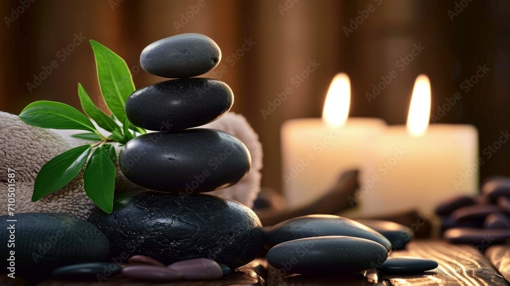 Obraz premium Harmonious SPA composition of balanced stones, towels, green leaves, and accessories for body treatments. Wellness and relaxation