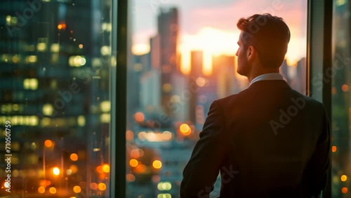 Successful businessman looking out of window at big city view and talking. Business man standing alone at modern downtown high-rises photo