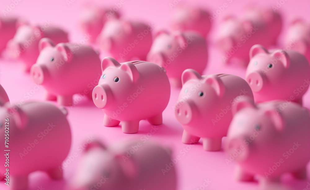 Array of pink piggy banks on pink background. Illustration of the concept of personal savings and financial investment Array of pink piggy banks on pink background. Illustration of the concept of personal savings and financial investment