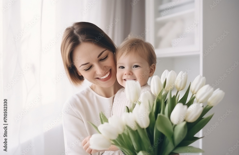 young mother with child happy with bouquet of white tulips, mother's day, international women's day, selective young mother with child happy with bouquet of white tulips, mother's day, international women's day, selective