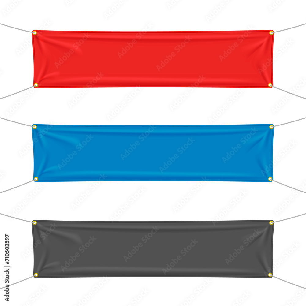 Blue black and red textile banners with folds. Blank hanging fabric