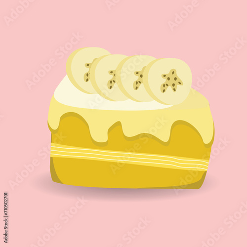 A piece of cake with banana decoration suitable for menu posters wallpapers vector illustration in cartoon style. Eps 10 