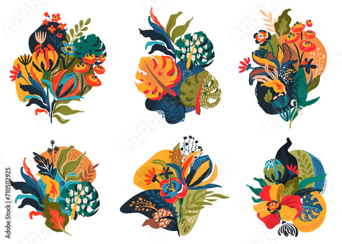 Set of six vector compositions in modern style with nature motifs, flowers and leaves