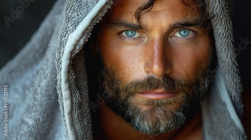 Close-up portrait of a handsome bearded man with a gray hood. photo