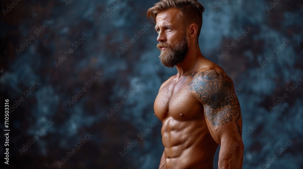 Handsome bearded man with tattooed torso posing over dark background.