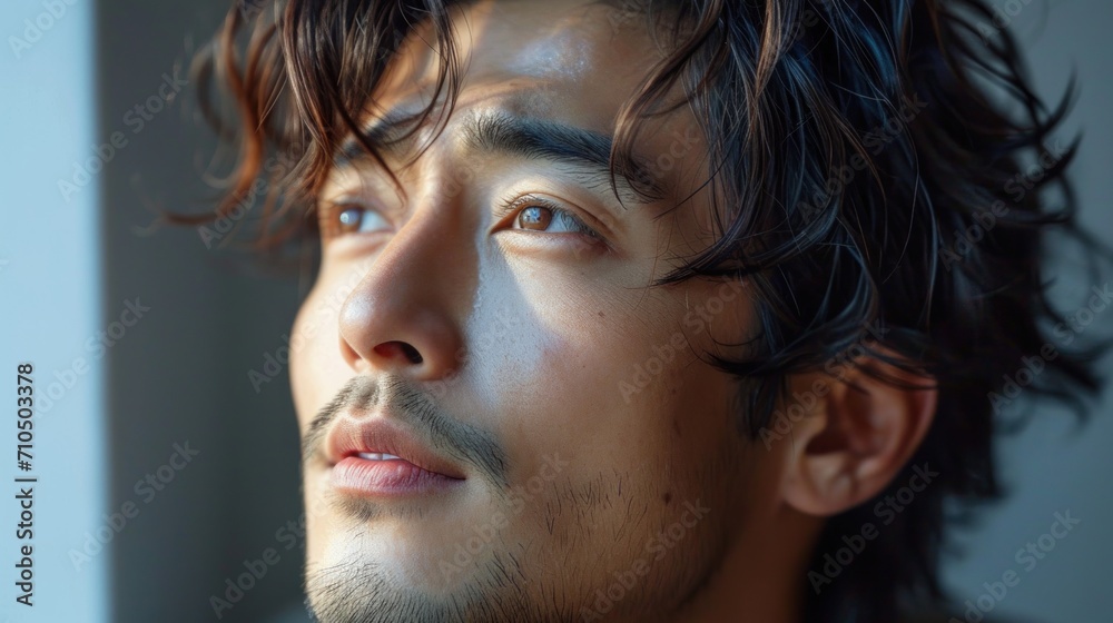 Side view of young handsome asian man on gray background.