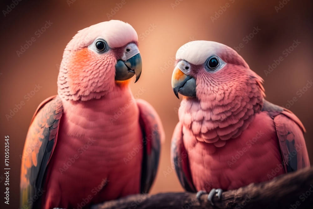 Obraz premium Pretty in Pink: Enchanting Duo of Parrots in Vivid Rosy Plumage. A Splash of Tropical Elegance