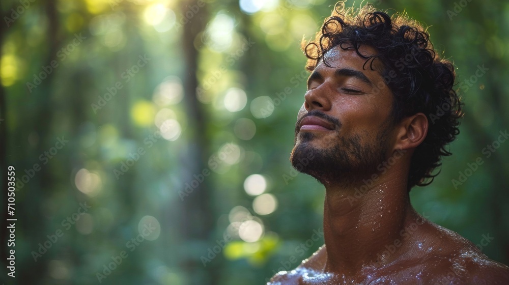 Portrait of a young man with wet hair and closed eyes in the forest. - obrazy, fototapety, plakaty 