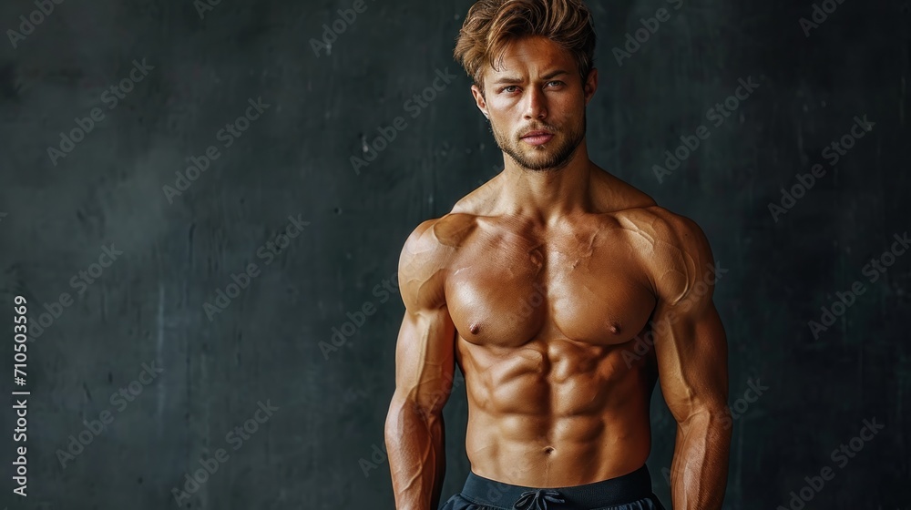 Handsome strong athletic man with muscular body and bare torso standing over dark background.