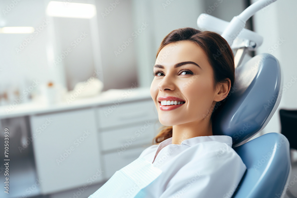 Generative AI image of smiling patient in chair dentistry teeth treatment - obrazy, fototapety, plakaty 