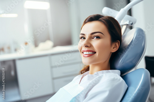 Generative AI image of smiling patient in chair dentistry teeth treatment photo
