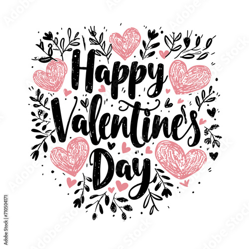 Happy Valentines Day handwritten black calligraphy text on a white background with pink hearts